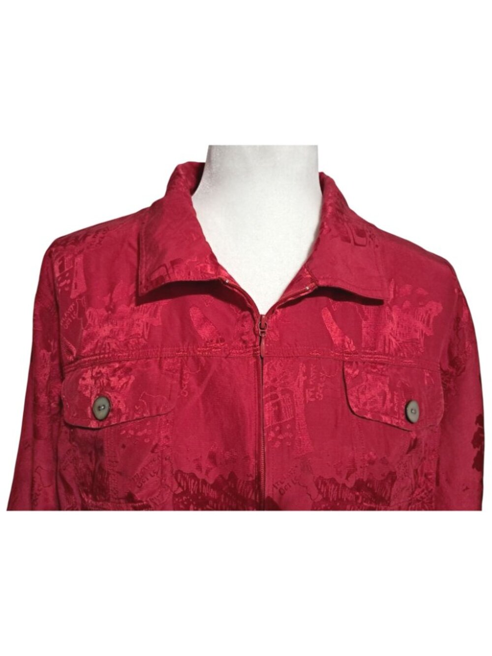 Chicos Silk Blend Jacket Womens Size 2 (L) Red Textured Button Pockets Zip Front - Picture 4 of 9